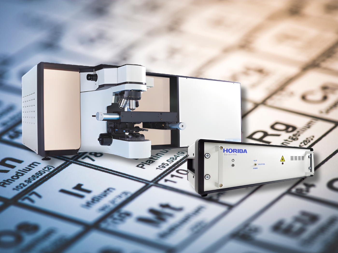 Photo of LabRAM HR Electronics Upgrade with a background periodic table